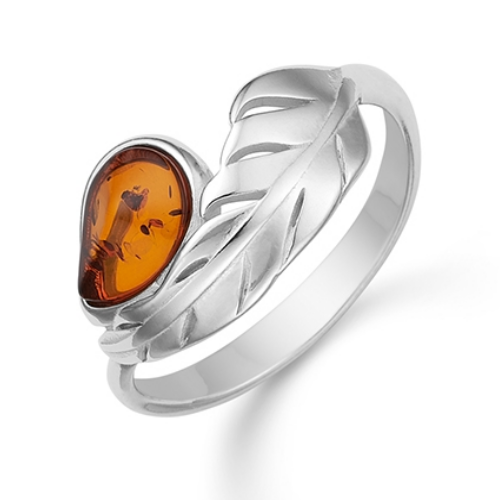 Støvring - Ring with amber and a leaf, silver