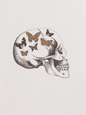 Vanilla Fly - Skull with gold glitter and butterflies card