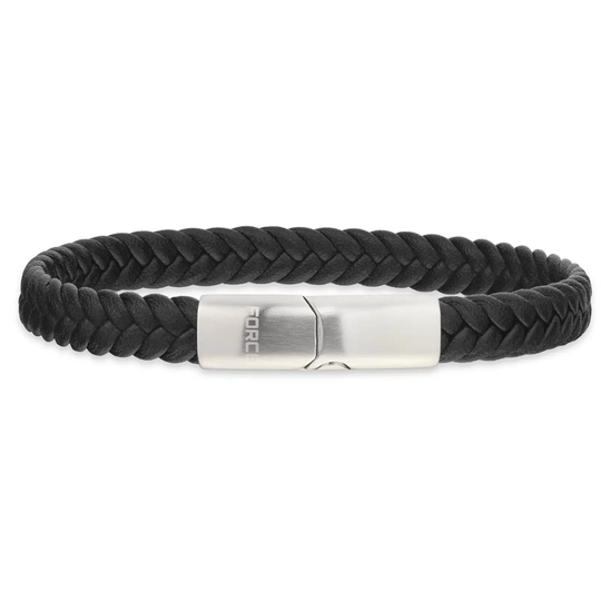 Force - Braided black leather & steel bracelet