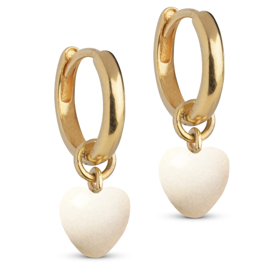 Enamel - Lange polierte weisse hoops Herz Ohrringe