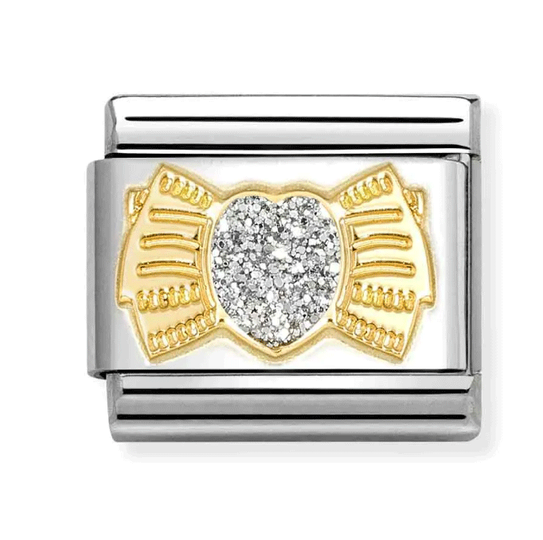 Nomination - Glitter hjerte med guld sløjfe