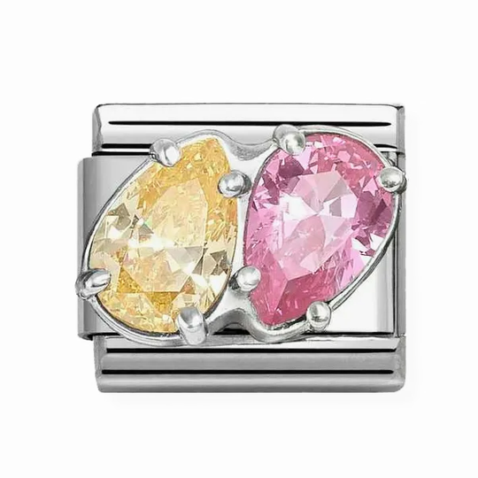 Nomination - Pink og gul dobbelt dråbeformet led i sølv