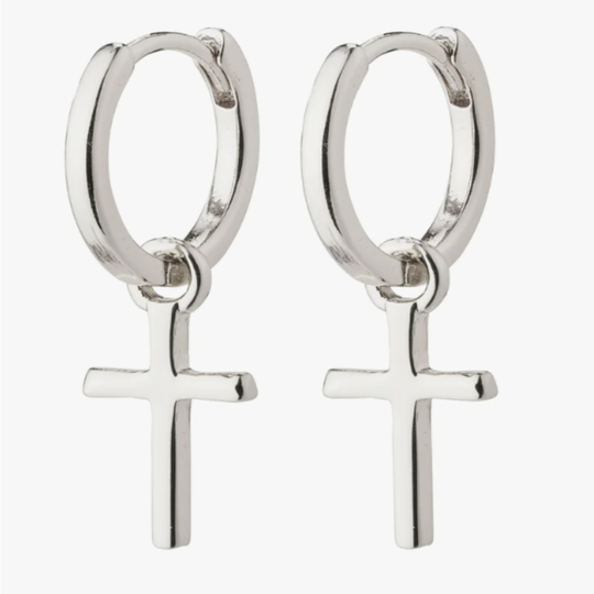 Pilgrim - Cross hoop earrings with cross, silver plated
