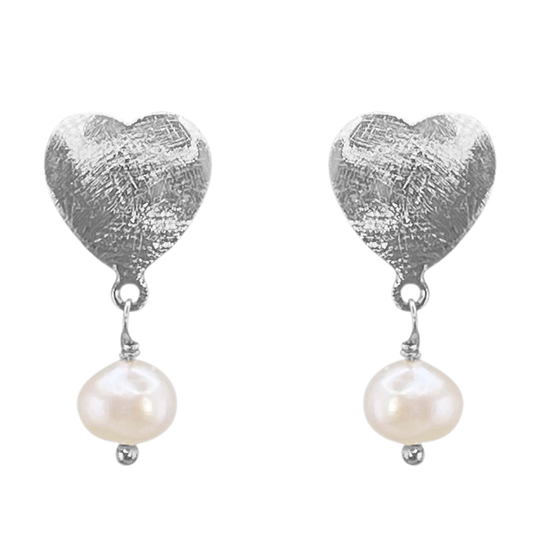 SFB - Large Dangling Pearl heart Earrings, silver