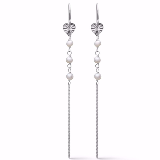 Seville - Long silver earrings with heart and pearls